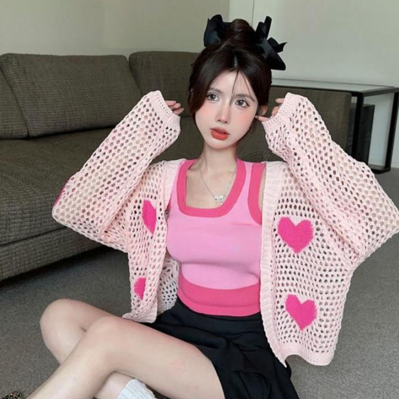 Õõnesroosad südamega kardiganid naiste paneelidega Preppy Hotsweet lahtised hubased, õhukesed päikesekindel mood Korea stiilis tütarlapsed