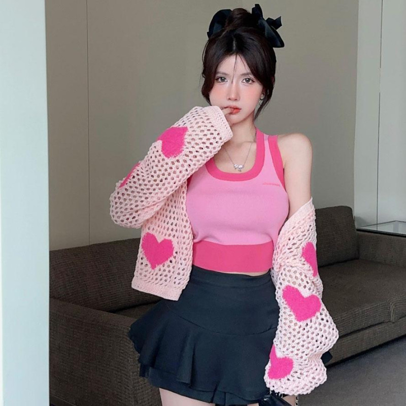 Õõnesroosad südamega kardiganid naiste paneelidega Preppy Hotsweet lahtised hubased, õhukesed päikesekindel mood Korea stiilis tütarlapsed