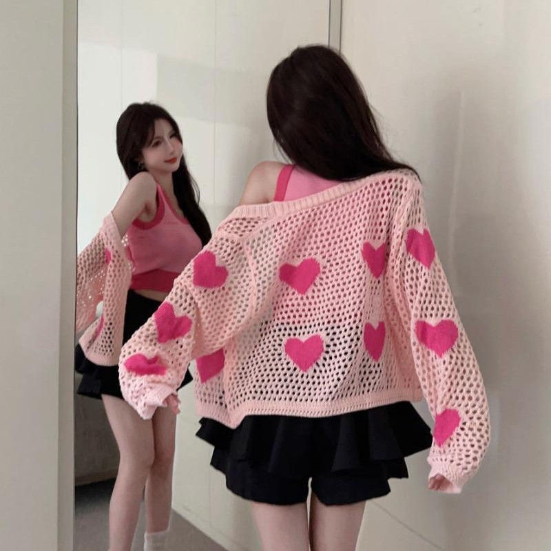 Õõnesroosad südamega kardiganid naiste paneelidega Preppy Hotsweet lahtised hubased, õhukesed päikesekindel mood Korea stiilis tütarlapsed