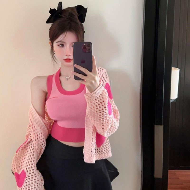 Õõnesroosad südamega kardiganid naiste paneelidega Preppy Hotsweet lahtised hubased, õhukesed päikesekindel mood Korea stiilis tütarlapsed
