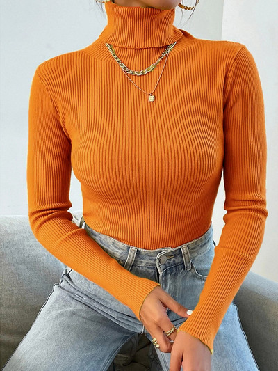 On Sale Autumn Winter Women Long Sleeve Knitted Foldover Turtleneck Ribbed Pull Sweater Soft Warm Femme Jumper Pullover Clothes