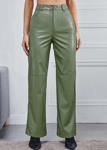 Γυναικείο δερμάτινο παντελόνι ψηλόμεσο ίσιο αδυνατιστικό πλαϊνές τσέπες Μονόχρωμο casual party φθινοπωρινό παντελόνι άνοιξη φθινόπωρο