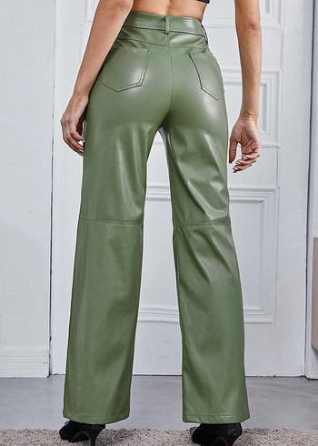 Γυναικείο δερμάτινο παντελόνι ψηλόμεσο ίσιο αδυνατιστικό πλαϊνές τσέπες Μονόχρωμο casual party φθινοπωρινό παντελόνι άνοιξη φθινόπωρο