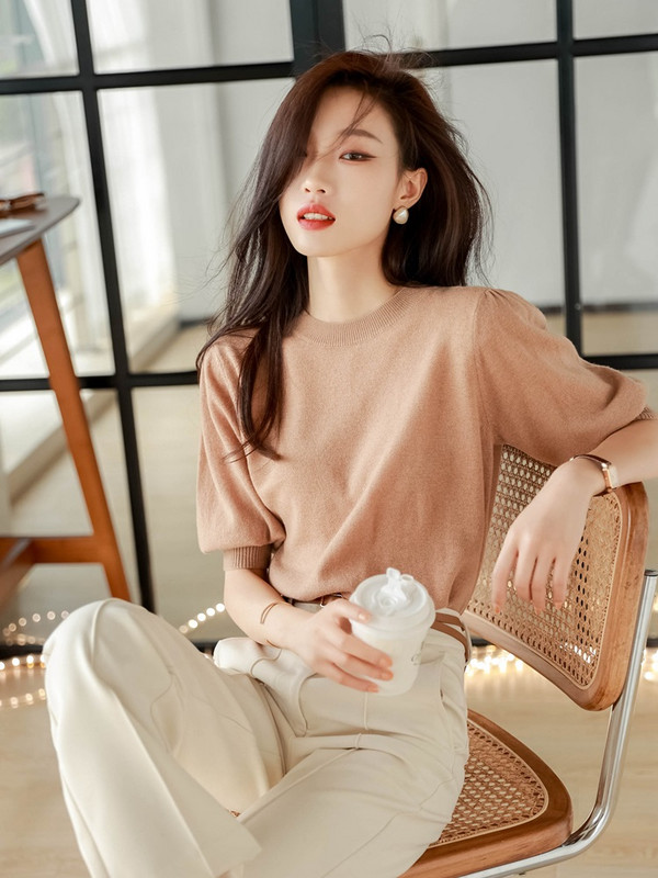 TuangBiang 2023. Pulover s puf rukavima i O-izrezom s ukrasima Pamuk Ženske pletene majice kratkih rukava Ženske tanke široke elastične majice