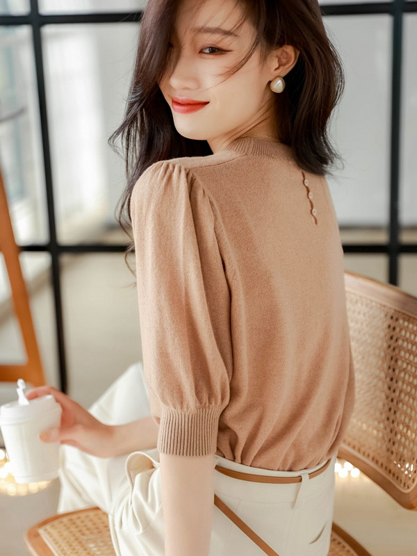 TuangBiang 2023. Pulover s puf rukavima i O-izrezom s ukrasima Pamuk Ženske pletene majice kratkih rukava Ženske tanke široke elastične majice