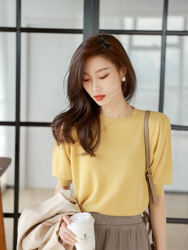 TuangBiang 2023. Pulover s puf rukavima i O-izrezom s ukrasima Pamuk Ženske pletene majice kratkih rukava Ženske tanke široke elastične majice