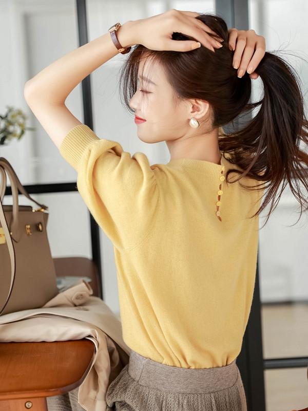 TuangBiang 2023. Pulover s puf rukavima i O-izrezom s ukrasima Pamuk Ženske pletene majice kratkih rukava Ženske tanke široke elastične majice