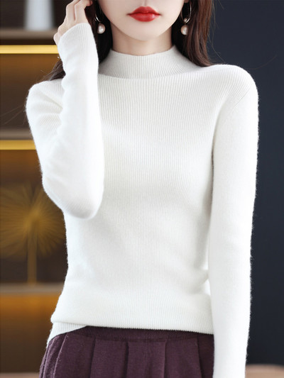 Ženski osnovni pulover Džemper Jesen Zima 100% merino vuna MocK izrez Tanko pletivo Uredska dama Grace Odjeća Gornje korejski stil