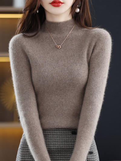 Ženski osnovni pulover Džemper Jesen Zima 100% merino vuna MocK izrez Tanko pletivo Uredska dama Grace Odjeća Gornje korejski stil
