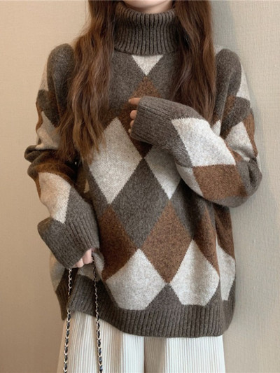 Modni gornji dijelovi 2022. Ženski pulover Jesen i zima Novi ženski retro karirani dolčevit Pleteni pulover Široka moda Održava toplinu