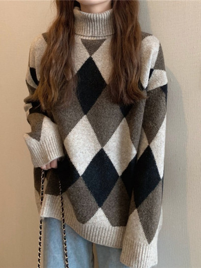 Modni gornji dijelovi 2022. Ženski pulover Jesen i zima Novi ženski retro karirani dolčevit Pleteni pulover Široka moda Održava toplinu