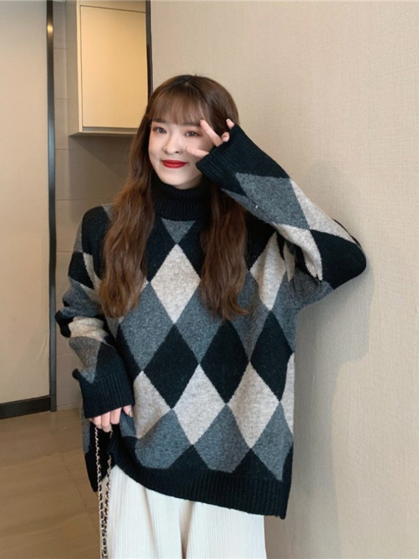Modni gornji dijelovi 2022. Ženski pulover Jesen i zima Novi ženski retro karirani dolčevit Pleteni pulover Široka moda Održava toplinu