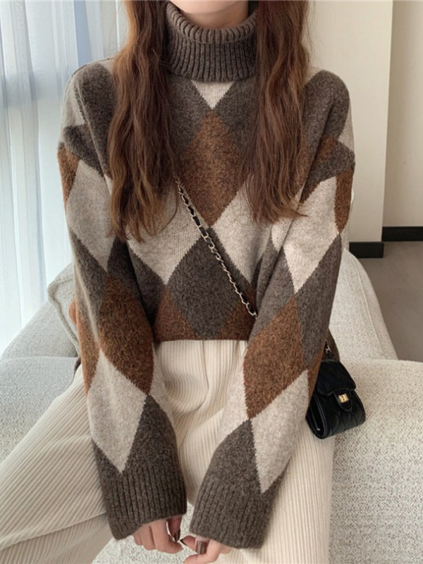 Modni gornji dijelovi 2022. Ženski pulover Jesen i zima Novi ženski retro karirani dolčevit Pleteni pulover Široka moda Održava toplinu