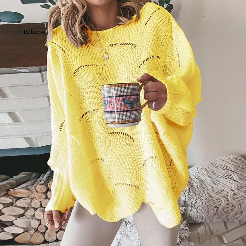 Ženski izdubljeni pulover Elegantni proljetni jesenski široki S pleteni puloveri Ženski zimski ležerni jednobojni džemperi s o izrezom