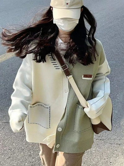 Kardigan Naiste lapitöö Igapäevane Preppy Kõik sobivad Korea stiilis Vaba aeg Kudumine Sügis Lihtsad Taskud Õpilased Stiilne Retro Basic