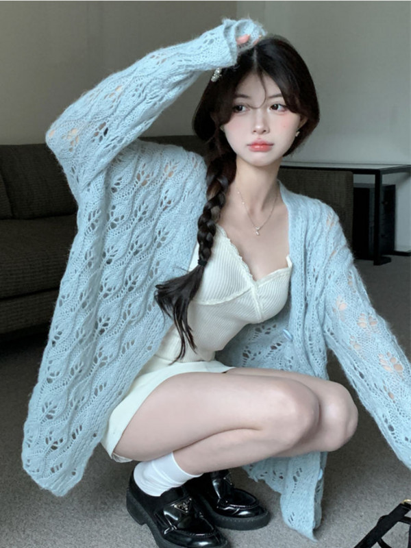 Tuščiaviduriai megztiniai moteriški megzti saldūs korėjietiško stiliaus pavasariniai, laisvi, elegantiški moteriški temperamento mados Ulzango princesė vintage