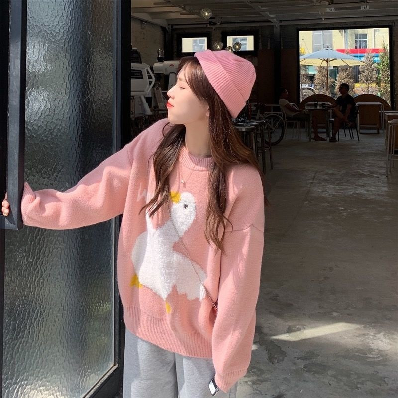 Ležerni pleteni pulover s okruglim izrezom Ženski džemper s dugim rukavima u korejskoj verziji s crtanim motivima Jesen Zima Džemper s dugim rukavima