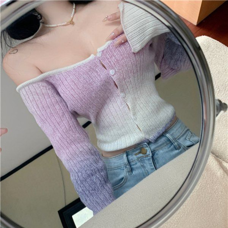 Kardigan Ženska gradijentna odjeća Džemper s kosim izrezom Jesen, seksi skraćena pletenina dugih rukava Raznovrsna rastezljiva Harajuku Mujer