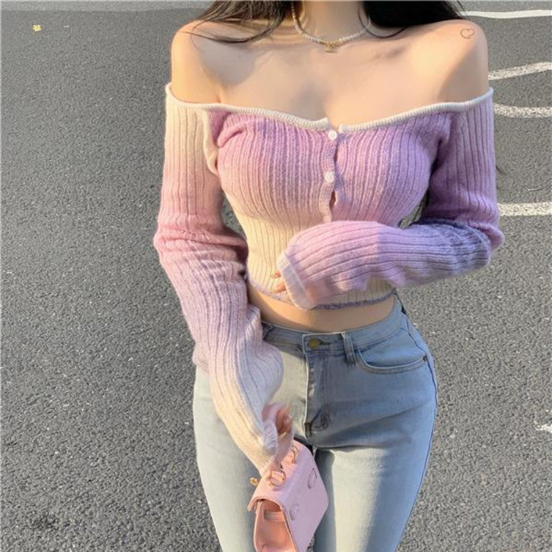 Kardigan Ženska gradijentna odjeća Džemper s kosim izrezom Jesen, seksi skraćena pletenina dugih rukava Raznovrsna rastezljiva Harajuku Mujer