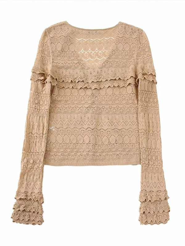 Modni ženski pleteni kardigan pulover s volanima Vintage V izrez dugih rukava Jacquard mrežasta pletena jakna Ženska gornja odjeća Gornji dijelovi