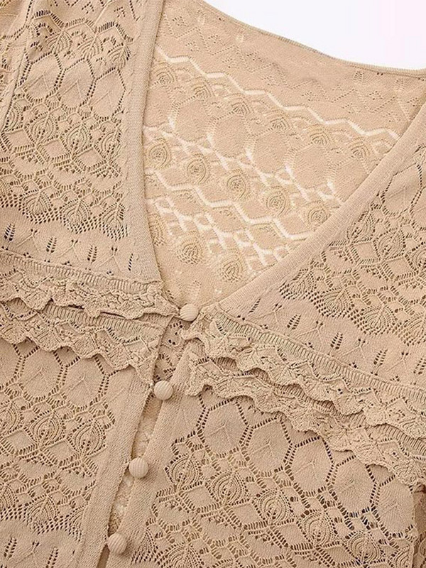 Modni ženski pleteni kardigan pulover s volanima Vintage V izrez dugih rukava Jacquard mrežasta pletena jakna Ženska gornja odjeća Gornji dijelovi