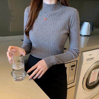 CRRIFLZ 2023 Novi ženski pleteni pulover jesen-zima poluvisokog ovratnika, jednobojna podloga, gornji dio dugih rukava koji odgovara svim kombinacijama