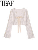 TRAF, 2023 m., vasarinis megztinis, megztas moteriškas megztinis su V kaklu, surištas lanku, moteriškas plonas paltas Y2K