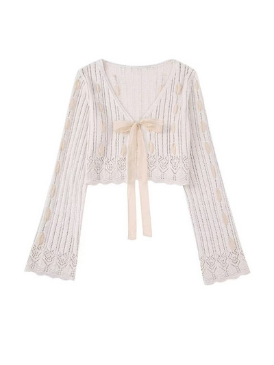 TRAF, 2023 m., vasarinis megztinis, megztas moteriškas megztinis su V kaklu, surištas lanku, moteriškas plonas paltas Y2K