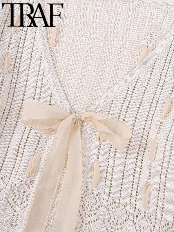 TRAF, 2023 m., vasarinis megztinis, megztas moteriškas megztinis su V kaklu, surištas lanku, moteriškas plonas paltas Y2K