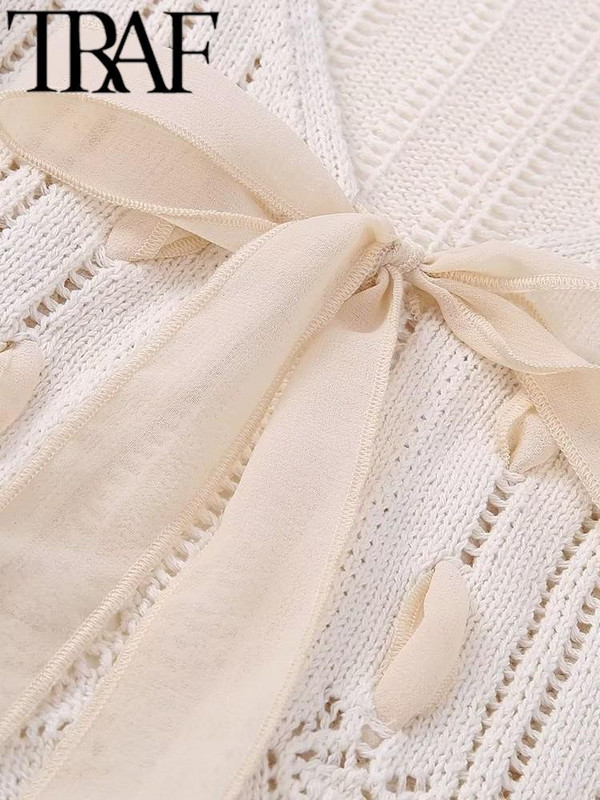 TRAF, 2023 m., vasarinis megztinis, megztas moteriškas megztinis su V kaklu, surištas lanku, moteriškas plonas paltas Y2K