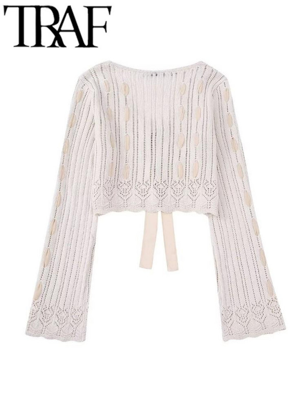 TRAF, 2023 m., vasarinis megztinis, megztas moteriškas megztinis su V kaklu, surištas lanku, moteriškas plonas paltas Y2K
