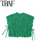 TRAF Y2K Zeleni pleteni ženski džemperi Puloveri s razdvojenim vezanjem sa strane, široki džemper s letećim rukavima Ženski kratki top 2023. Proljeće