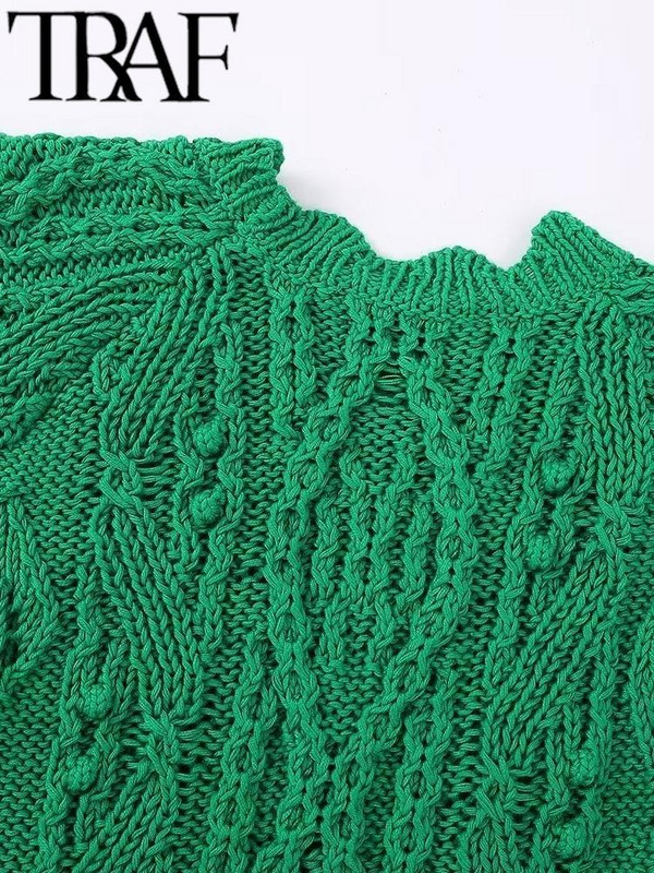 TRAF Y2K Zeleni pleteni ženski džemperi Puloveri s razdvojenim vezanjem sa strane, široki džemper s letećim rukavima Ženski kratki top 2023. Proljeće