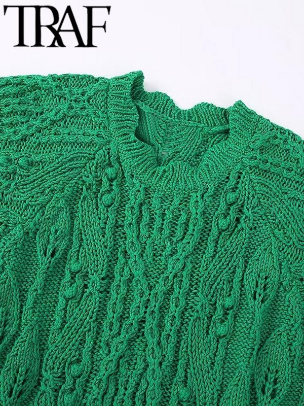 TRAF Y2K Zeleni pleteni ženski džemperi Puloveri s razdvojenim vezanjem sa strane, široki džemper s letećim rukavima Ženski kratki top 2023. Proljeće