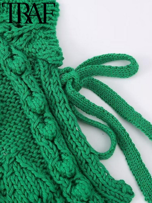 TRAF Y2K Zeleni pleteni ženski džemperi Puloveri s razdvojenim vezanjem sa strane, široki džemper s letećim rukavima Ženski kratki top 2023. Proljeće