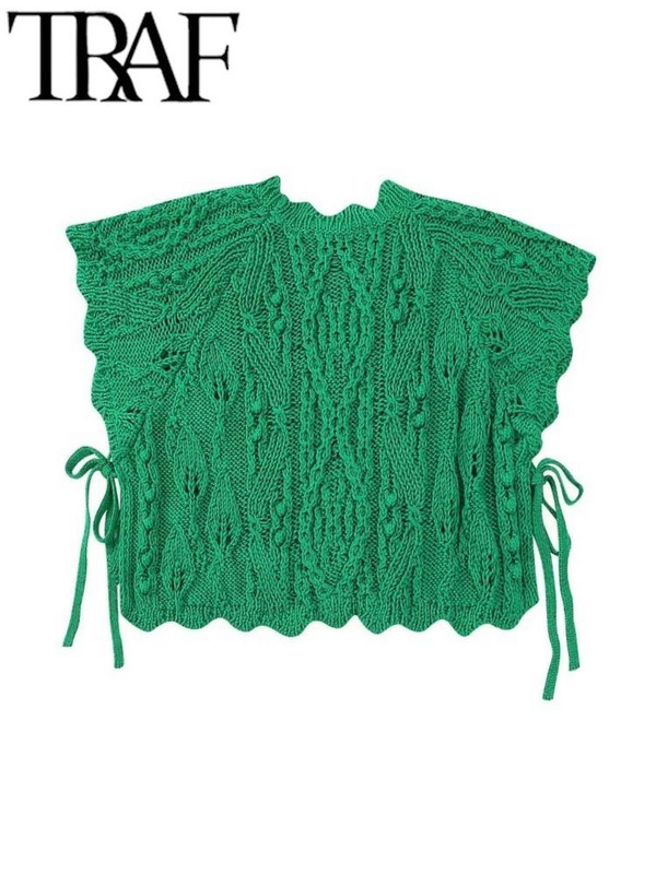 TRAF Y2K Zeleni pleteni ženski džemperi Puloveri s razdvojenim vezanjem sa strane, široki džemper s letećim rukavima Ženski kratki top 2023. Proljeće