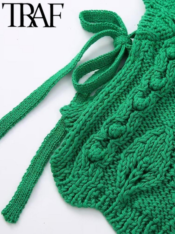 TRAF Y2K Zeleni pleteni ženski džemperi Puloveri s razdvojenim vezanjem sa strane, široki džemper s letećim rukavima Ženski kratki top 2023. Proljeće