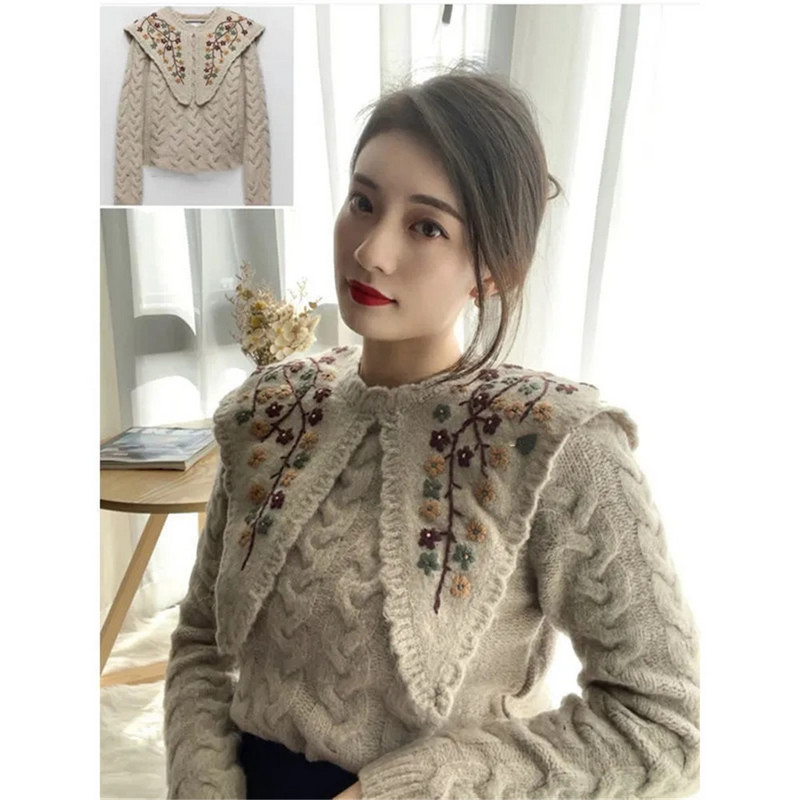 Zimski debeli pleteni ženski pulover s vintage cvjetnim vezom, punih rukava, modni, uski puloveri s Peter Pan ovratnikom, ženski
