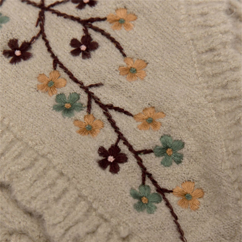 Zimski debeli pleteni ženski pulover s vintage cvjetnim vezom, punih rukava, modni, uski puloveri s Peter Pan ovratnikom, ženski