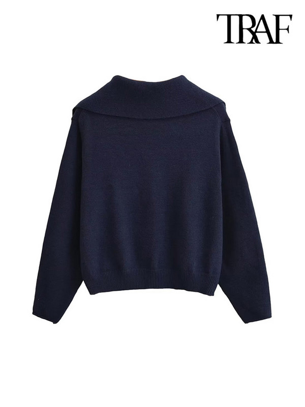 TRAF Ženski modni pleteni pulover s polo ovratnikom Vintage s okruglim reverom dugih rukava Ženski puloveri Chic Topovi