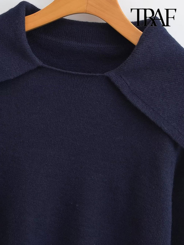TRAF Ženski modni pleteni pulover s polo ovratnikom Vintage s okruglim reverom dugih rukava Ženski puloveri Chic Topovi