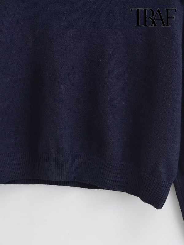 TRAF Ženski modni pleteni pulover s polo ovratnikom Vintage s okruglim reverom dugih rukava Ženski puloveri Chic Topovi