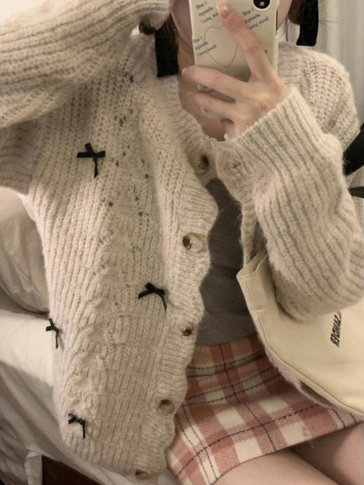 Cardigan Femei Vintage Dulci Fete Bandaj Toamna Guler Volanat Simplu Solid La modă Design în stil coreean Timp liber All-match Soft