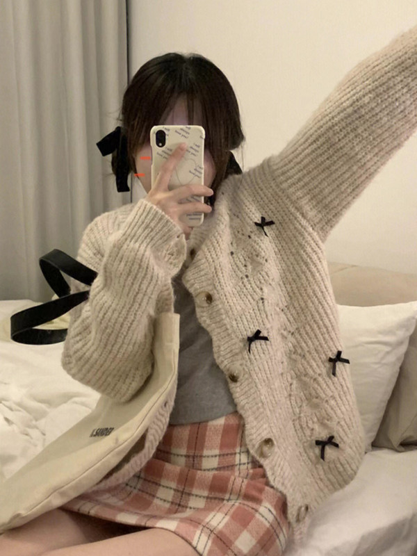 Cardigan Femei Vintage Dulci Fete Bandaj Toamna Guler Volanat Simplu Solid La modă Design în stil coreean Timp liber All-match Soft