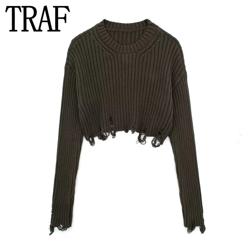TRAF 2023 Skraćeni pleteni pulover Ženski poderani kratki pleteni gornji dio dugih rukava Ženski jesenski pulover Ženski džemper Puloveri s O-izrezom