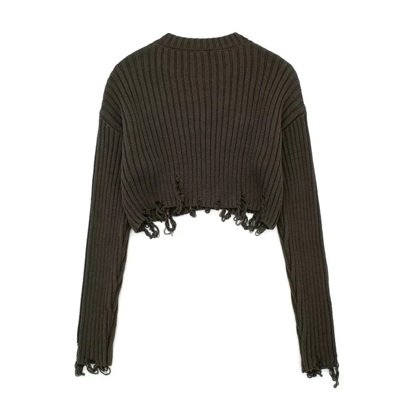 TRAF 2023 Skraćeni pleteni pulover Ženski poderani kratki pleteni gornji dio dugih rukava Ženski jesenski pulover Ženski džemper Puloveri s O-izrezom