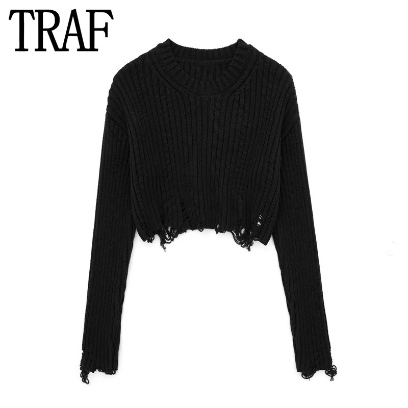 TRAF 2023 Skraćeni pleteni pulover Ženski poderani kratki pleteni gornji dio dugih rukava Ženski jesenski pulover Ženski džemper Puloveri s O-izrezom
