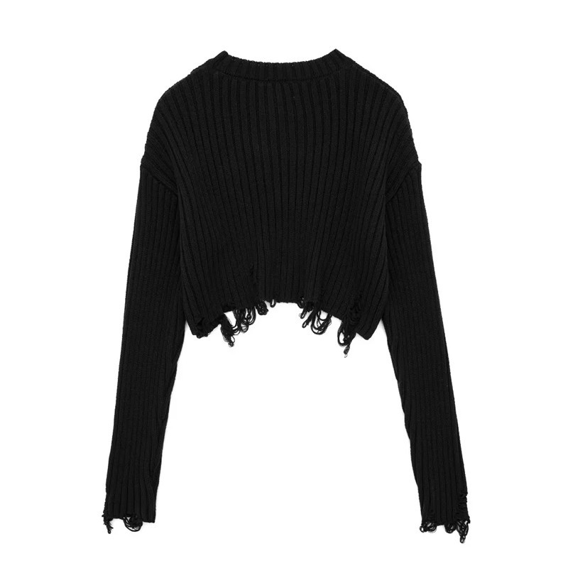 TRAF 2023 Skraćeni pleteni pulover Ženski poderani kratki pleteni gornji dio dugih rukava Ženski jesenski pulover Ženski džemper Puloveri s O-izrezom