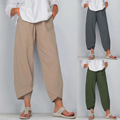 Ženske pamučne lanene kratke hlače široke, udobne harem hlače s elastičnim strukom Vintage jednobojne ležerne hlače širokih nogavica s džepovima