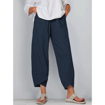 Γυναικείο βαμβακερό λινό κομμένο παντελόνι Φαρδύ άνετο ελαστικό παντελόνι μέσης χαρέμι Vintage μονόχρωμο παντελόνι με φαρδύ πόδι casual